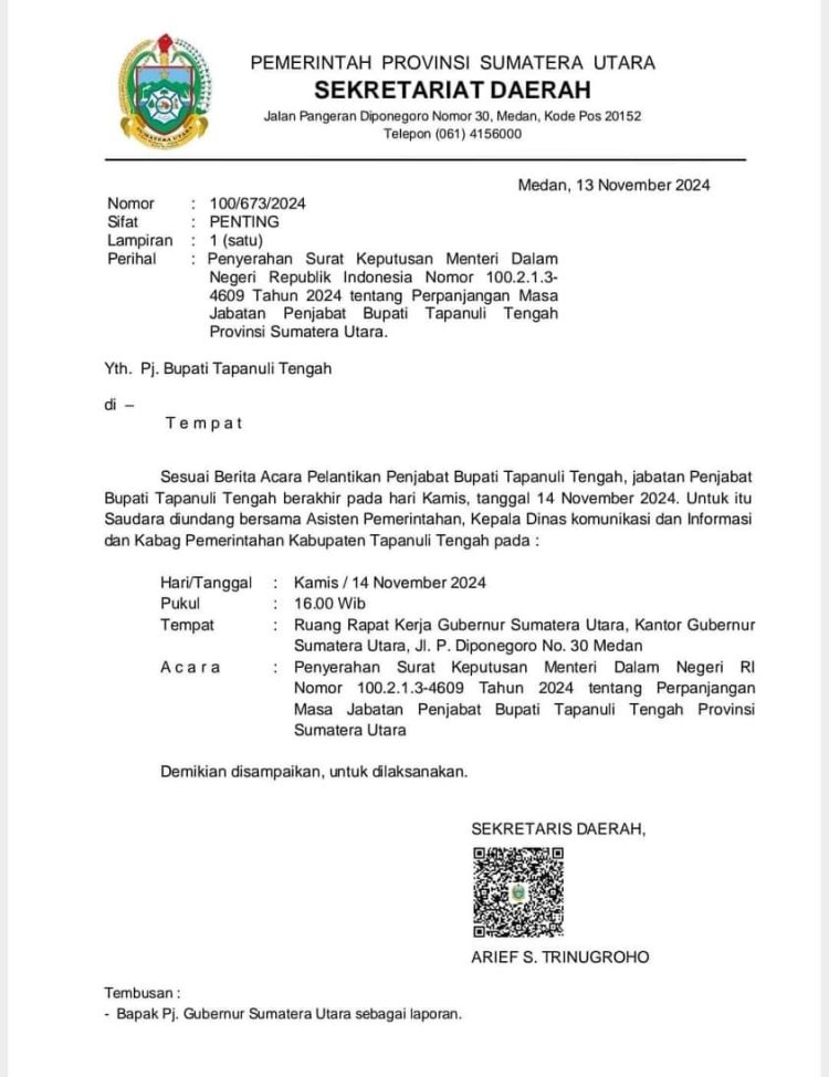 Kemendagri Perpanjang Masa Jabatan Pj. Bupati Tapteng Sugeng Riyanta