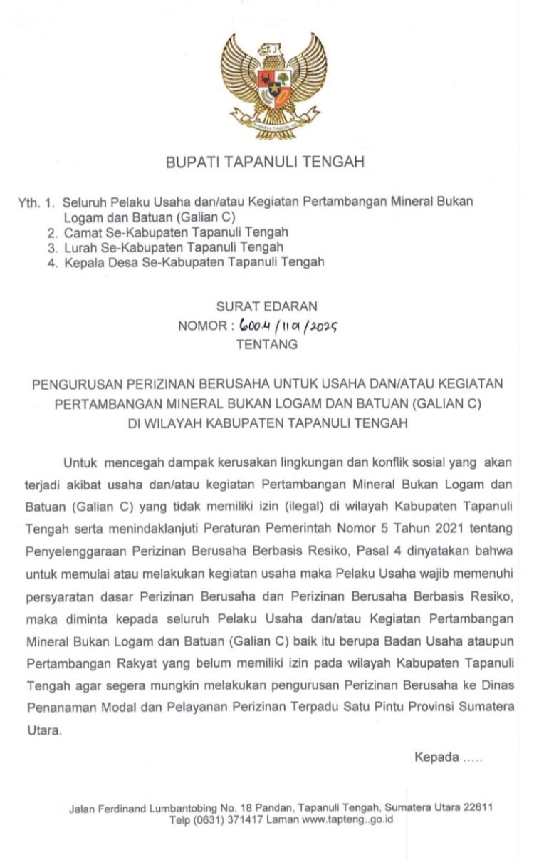 Marak Galian C Ilegal Di Tapteng, Bupati Keluarkan SE Cegah Dampak Kerusakan Lingkungan 